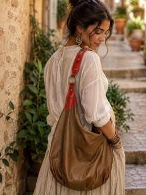 Caerulea Italian Leather Slouchy Hobo Bag Brown Red Artisan Purse